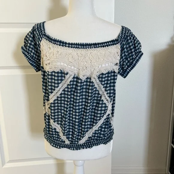 EUC Free People Blue Gingham Off-Shoulder Top Small / Medium - Picture 4 of 11
